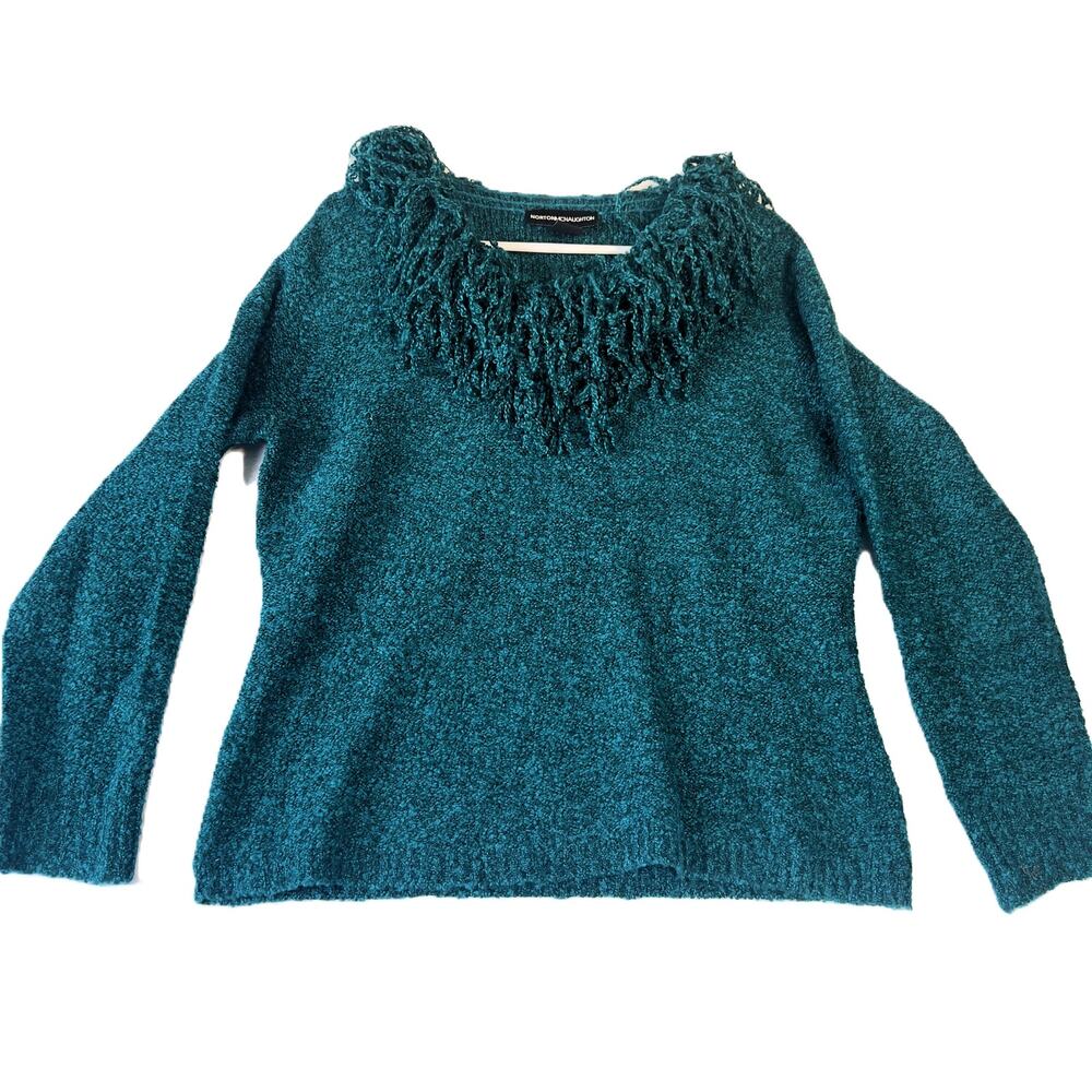 Norton McNaughton Sweater Woman's Large Green  Fluffly Fringe Collar Long Sleeve